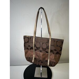 Coach Tote Y2K Medium Dark Chocolate Brown Copper Sparkle Stripe Signature Print
